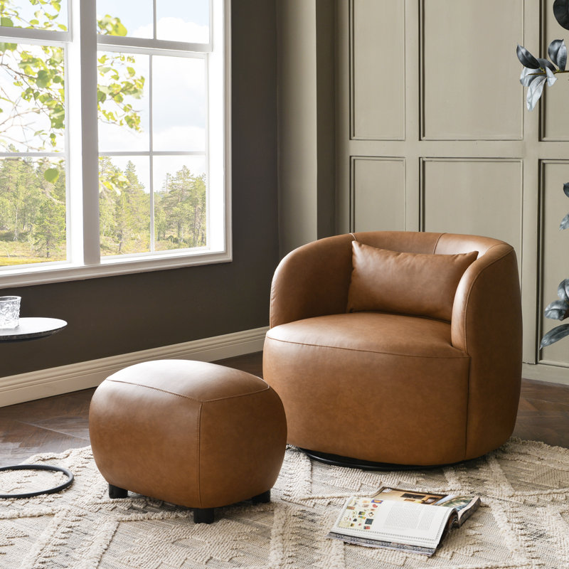 Faux Leather Upholstered Swivel Armchair With Ottoman, Camel