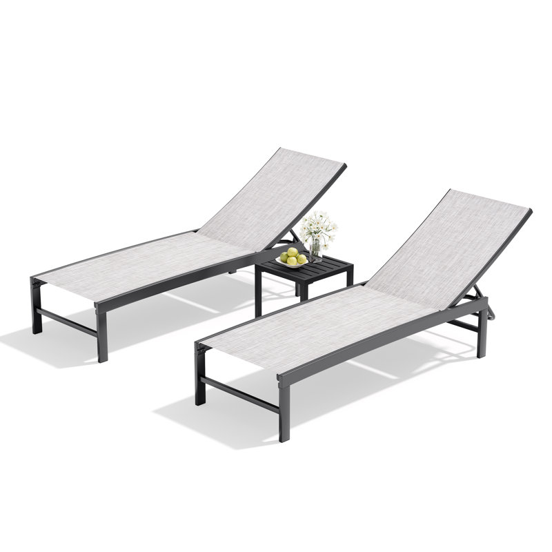 Patio Metal Reclining Chaise Lounge With Square Table (Set Of 3), Earth