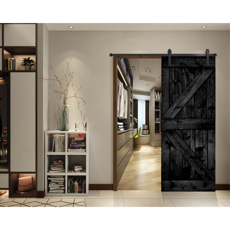 Porte de grange en bois massif DIY 3 en 1 pour chambres, espaces de rangement, placards, Noir, 36 po x 84 po