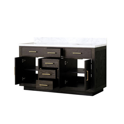 Meuble-lavabo double en chêne brun de 60 po x P 22 po avec structure en bois massif à fermeture en douceur et comptoir de salle de bain