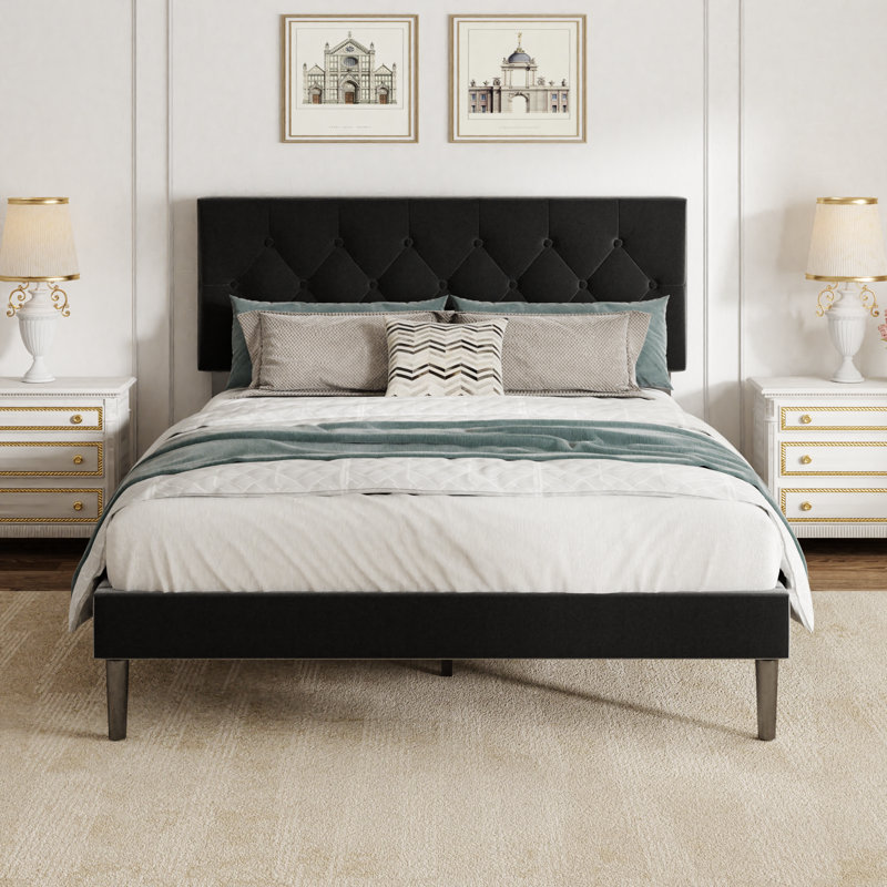 Upholstered Bed Frame with Headboard, Strong Wood Slat Support, Queen, Black