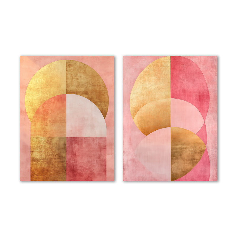 «Pink and Gold Flow Arcs», ensemble d'art mural moderne sur toile abstraite, H 32 po x l 48 po, Toile tendue