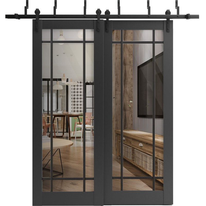 Portes coulissantes en verre transparent pour garde-robe coulissante | Lucia 2266 | Ensemble de quincaillerie robuste pour rails 6,6 pi | Portes de garde-robe en bois massif - Verre transparent