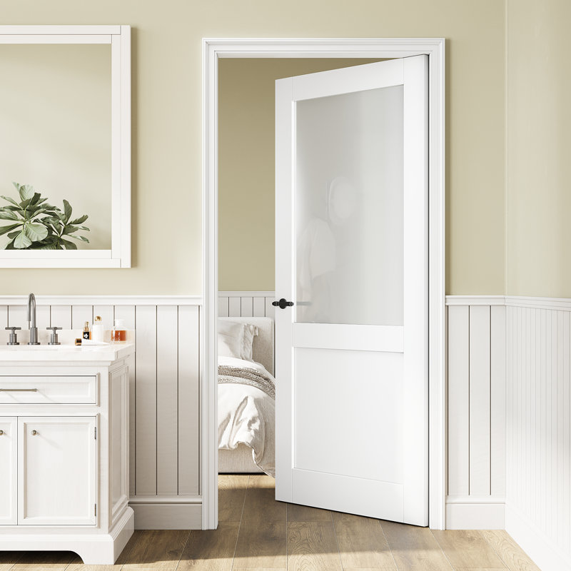 Porte de dalle en verre givré 32 x 80 Half-Lite, dalle de porte intérieure en verre trempé en céramique trempée, apprêté blanc / préfini, porte standard à âme solide, porte de garde-manger, porte de pièce