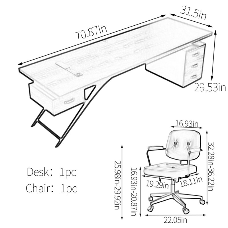 Bureau de conception industrielle moderne, H 29,53 po x l 70,87 po x P 31,5 po, Blanc