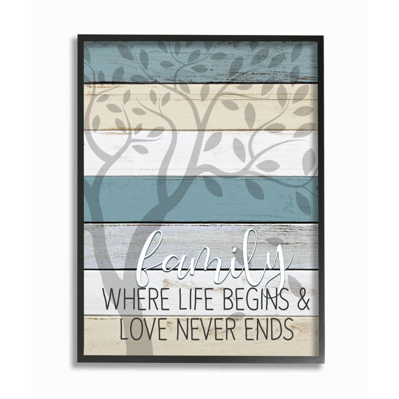 «Family Start and End Quote Tree Wood Grain Blue Tan» par Kim Allen - impression d'art graphique, H 30 po x l 24 po