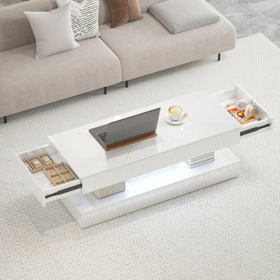 Table basse à effet marbre avec lumière DEL, table centrale, blanc