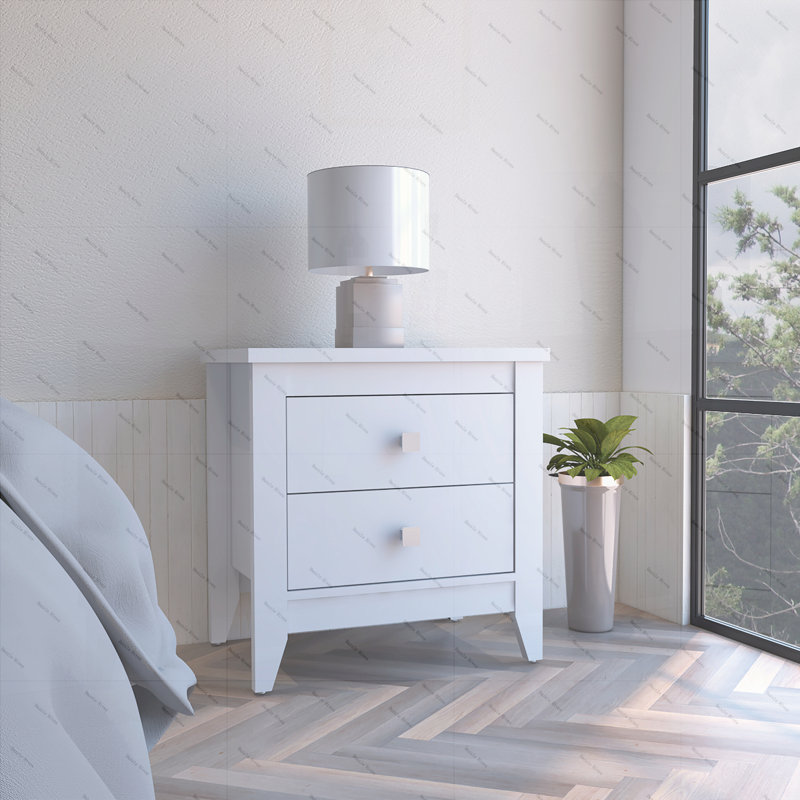 Table de chevet Amara, table de bout, table d'appoint à deux tablettes, quatre pieds - blanc