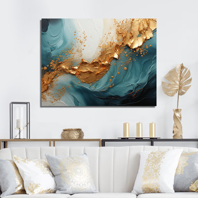 Or bleu sarcelle, spirale abstraite, art mural