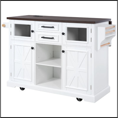 Rustic Kitchen Island with Drop Leaf, Power Outlets, and Ample Storage on Wheels, Perfect for Modern Farmhouse Decor
