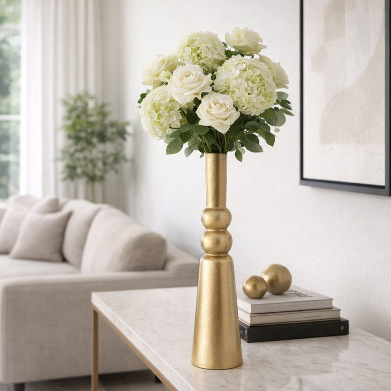 Sculptural Metal and Aluminum Vase for Living Room or Bedroom Styling - Modern Tall Flower Vase for Home Decor - 22", Gold