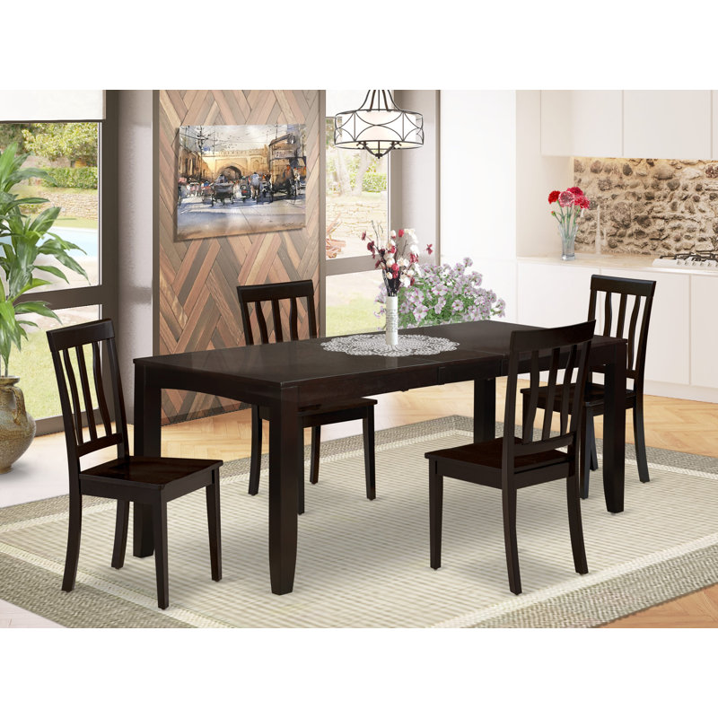 Ensemble de table de cuisine 5 pièces pour 4 personnes comprenant une table de salle à manger rectangulaire avec rallonge papillon et 4 chaises en bois massif, Cappuccino