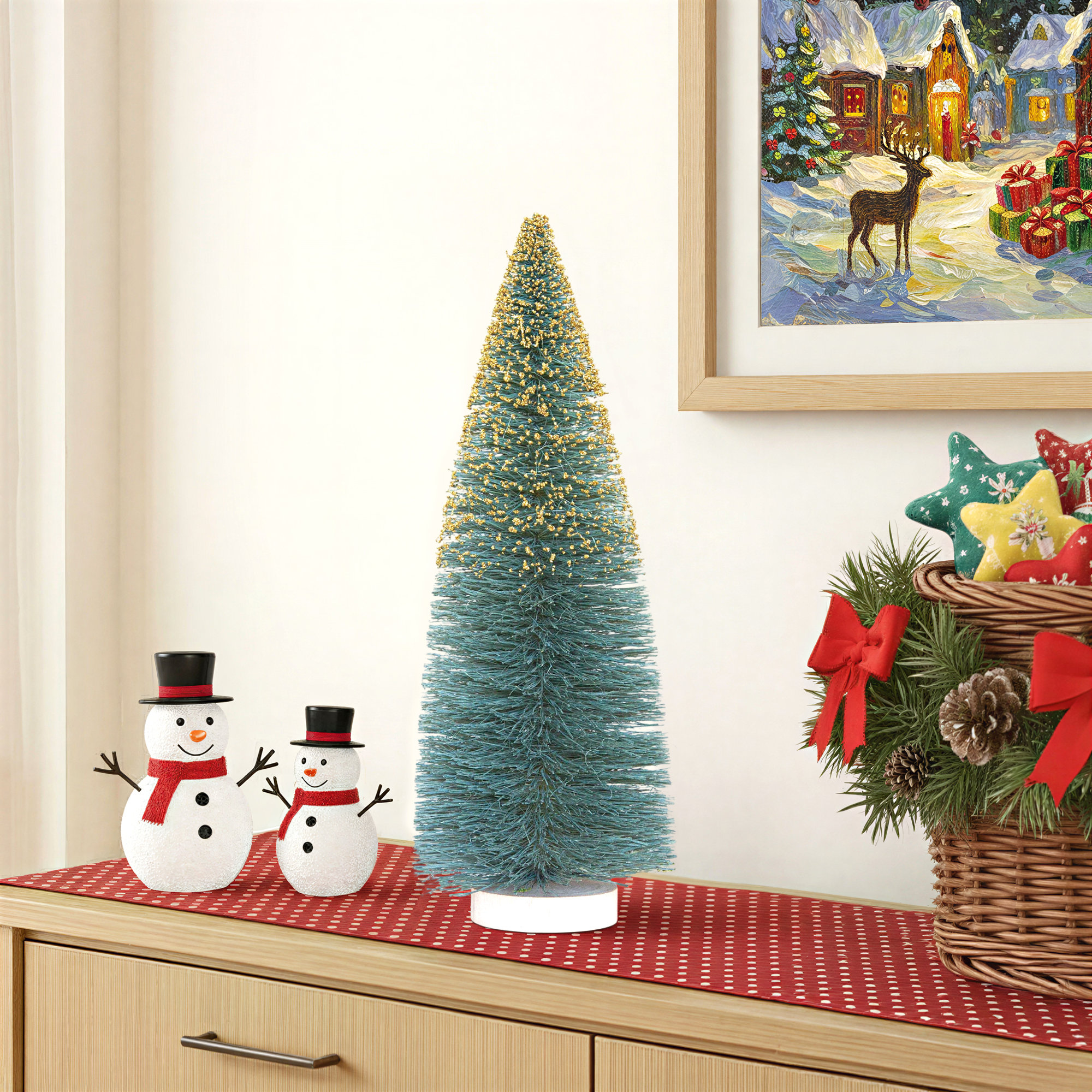 Sisal Bottle Brush Tree With Gold Glitter And Wood Base