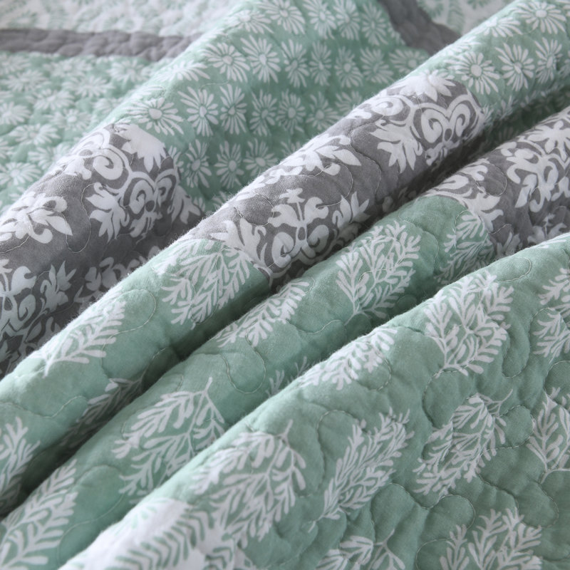 Ensemble de courtepointe 100% coton 98 po x 90 po DDUOXIN - 1 courtepointe avec 2 taies décoratives, Vert / Gris