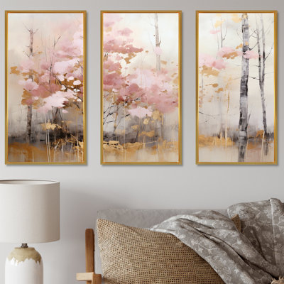 Minimalism Pink And Gold Forest - Forest Canvas Wall Art Set