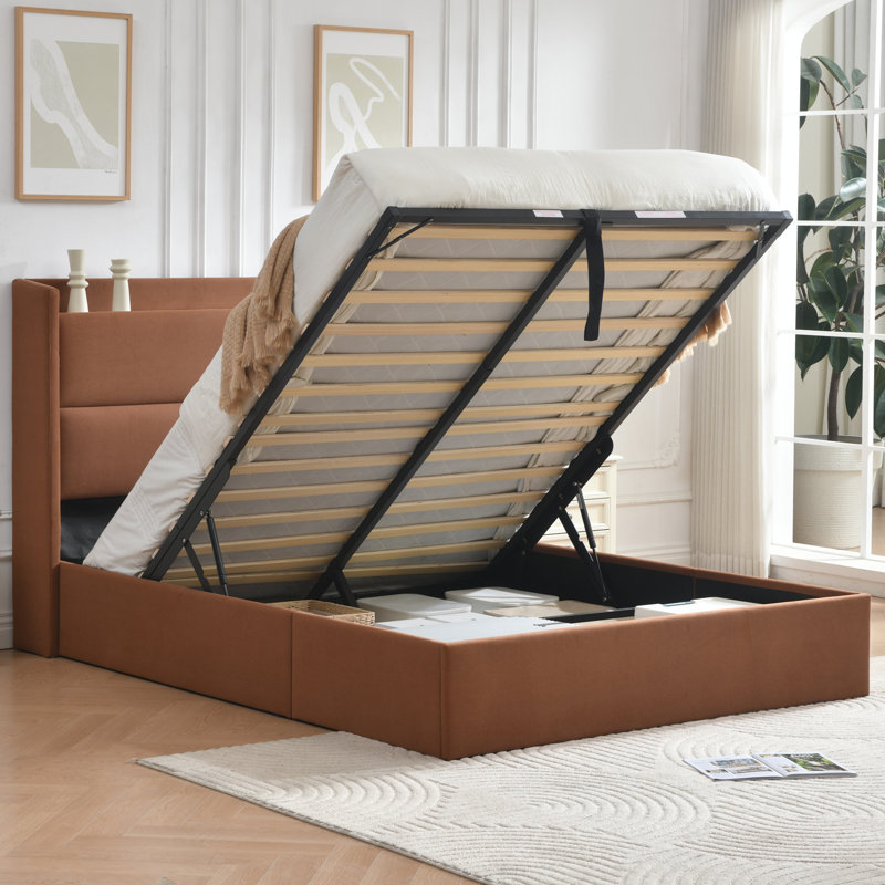 Lit plateforme tapissier avec levage hydraulique, Ocre, Grand