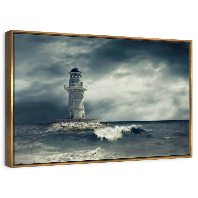 Phare sous les nuages de la tempête, Cadre flottant doré, 37 po x 25 po