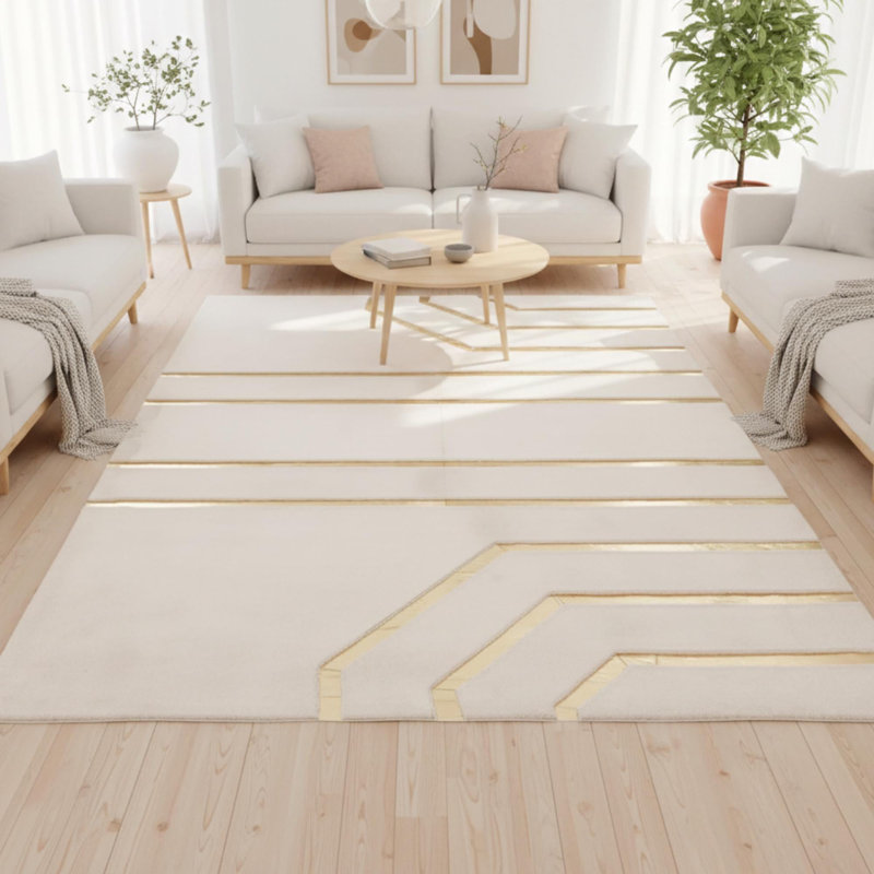 White And Gold Plush Rug, Modern Geometric Line Area Rug, Soft Faux Fur Carpet, Rectangle 8'10" x 12'