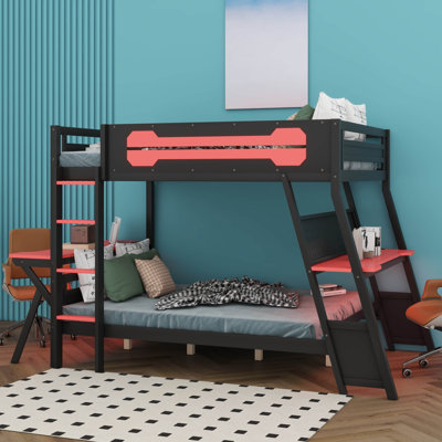 Lit superposé double avec 2 bureaux intégrés, structure en bois avec ports USB et organisateur de panneau perforé pour les adolescents adultes