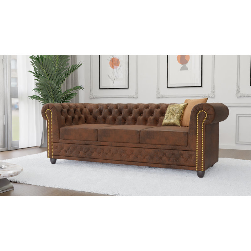 Chesterfield Friedrich 3 Seater Sofa Made of Vintage Look Microfibre with Solid Wood Legs, Brown