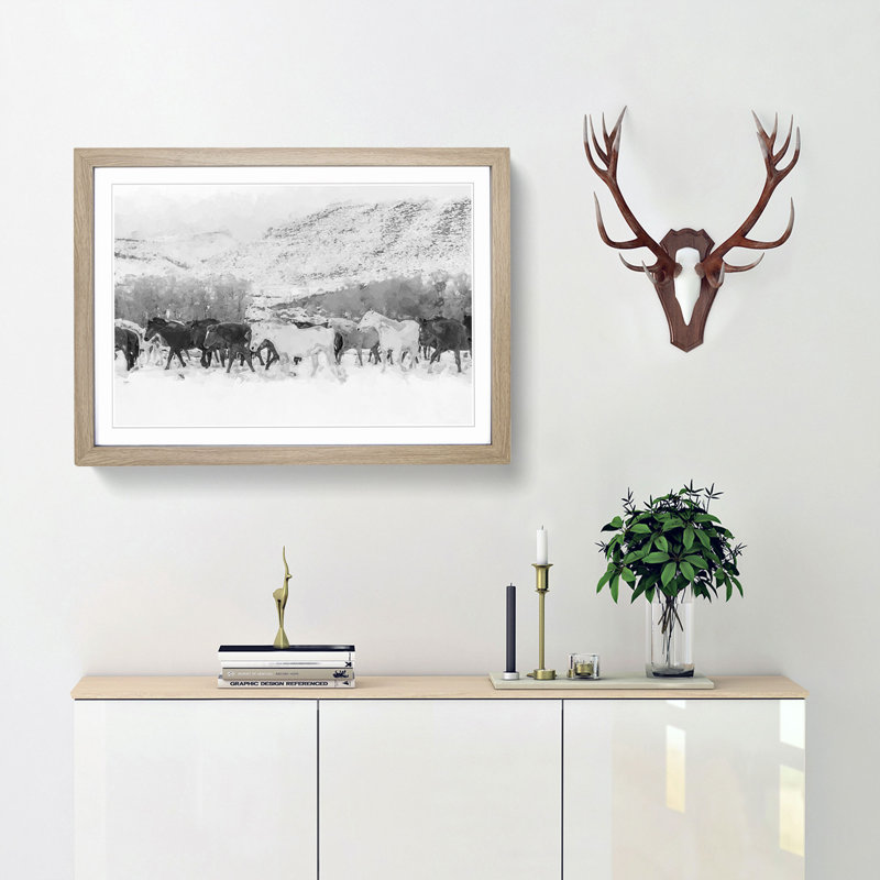 Herd of Horses in Abstract - Picture Frame Graphic Art Print, 62cm H x 87cm W x 2cm D, Oak Framed