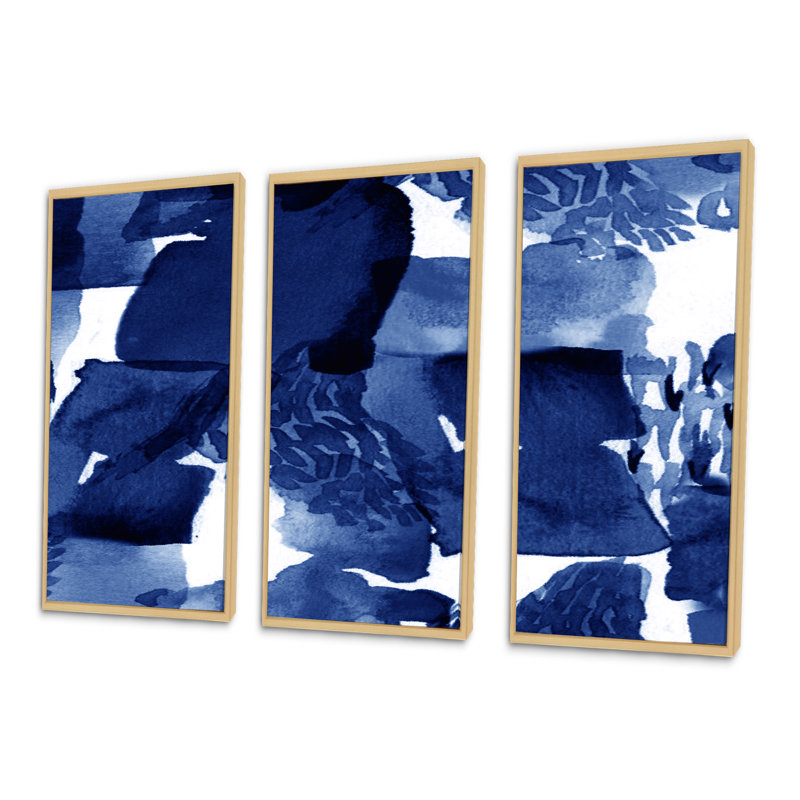 Impression abstraite en bleu classique sur blanc I - ensemble d'art moderne sur toile encadrée moderne de 3