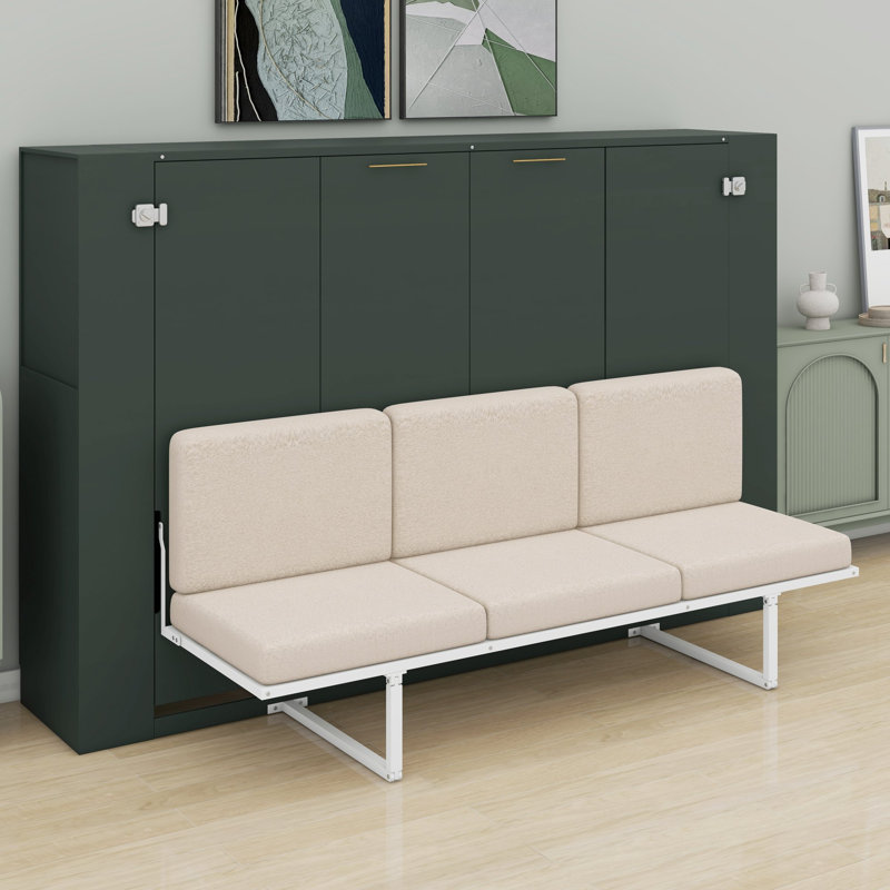 Lit escamotable avec canapé, étagères et borne de recharge USB, idéal pour les studios et les chambres d'hôtes, Vert