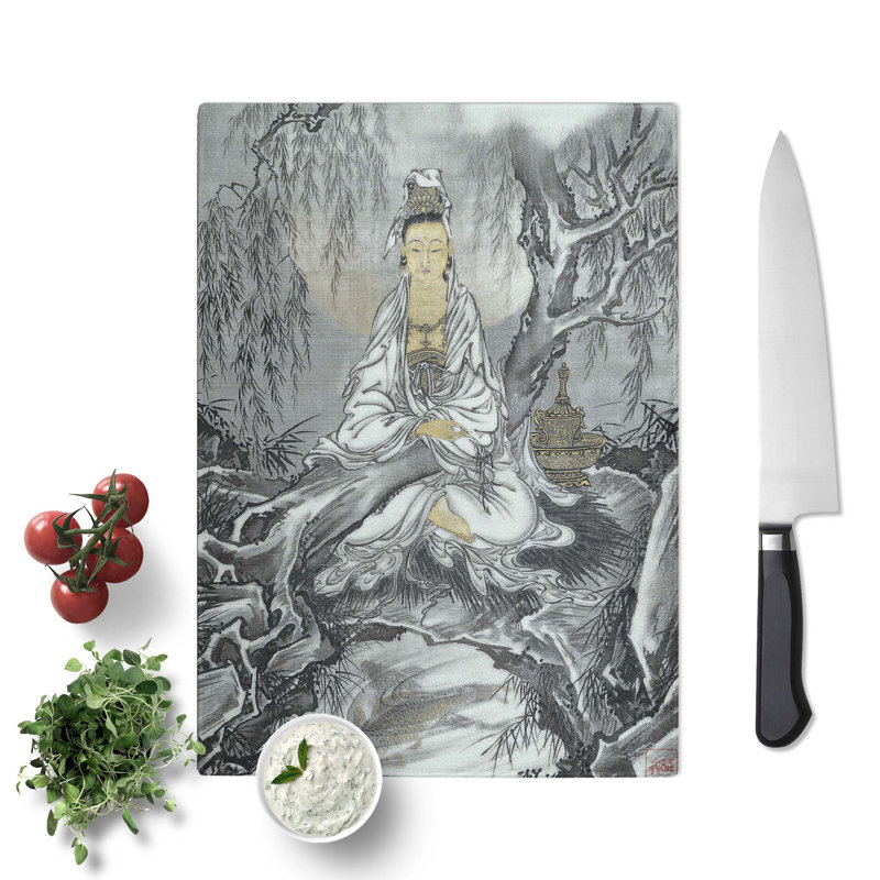 Tempered Glass Robed Kannon by Kawanabe Kyosai Chopping Board, 28.5cm W x 39cm L