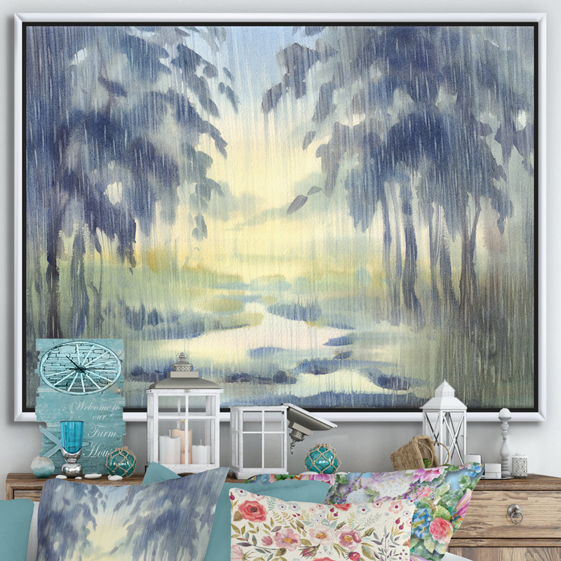 «RaIn Falling Down in Green Lit Forest I», reproduction d'art sur toile, H 36 po x l 46 po x P 1,5 po, Toile avec cadre blanc