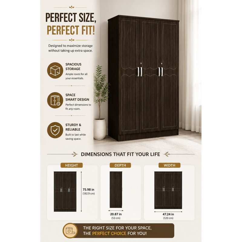 Garde-robe 3 portes avec tringle, tablettes et rangement - finition acajou, Noyer