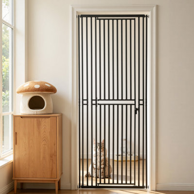Barrière extra haute pour chats, largeur réglable de 71 à 86 cm, hauteur de 200 cm pour chiens, espacement étroit des barreaux de 3 cm, pour portes et maisons, noir, avec trousse de fixation par pression et trousse de fixation murale.