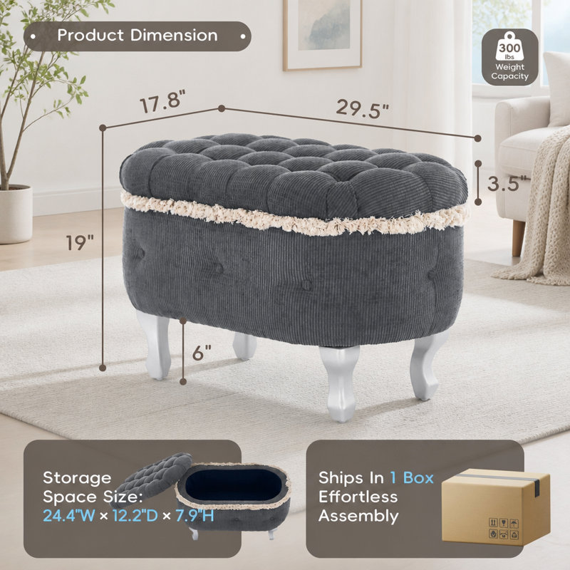 Banc de rangement 29,5 po, banc de bout avec capitonnage, Grey, Grey