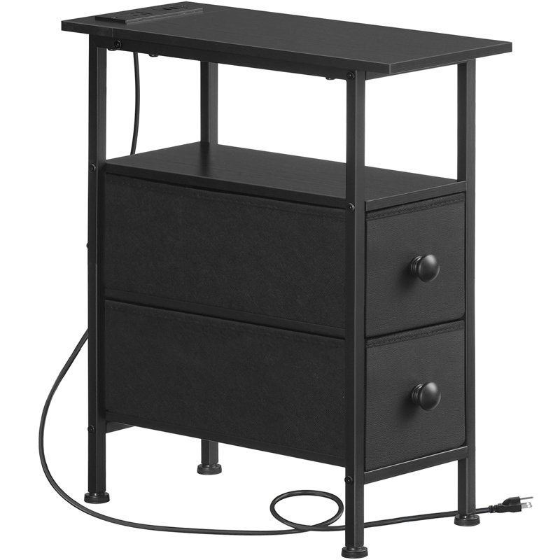 Narrow End Table with Charging Station, Black, 23.6" H x 18.9" L x 7.8" D