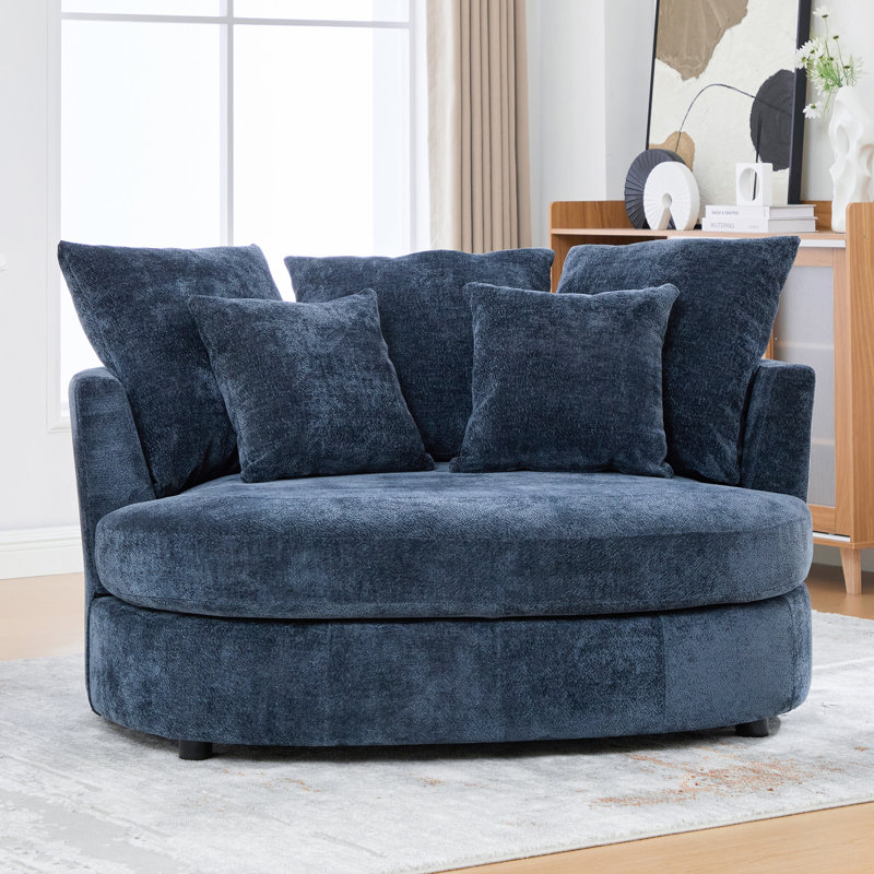 55.12" W Upholstered Slipcovered Barrel Accent Chair With 5 Side Pillows Chenille, Navy