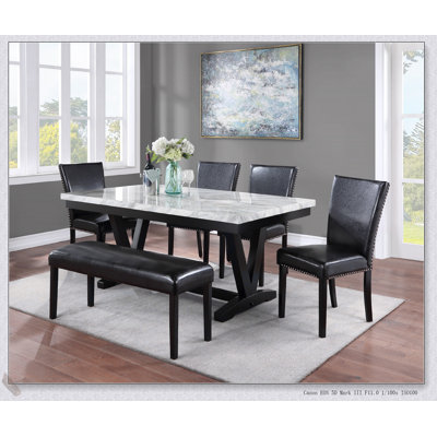 Ensemble de table de salle à manger en simili marbre blanc et finition noire avec chaises et banc en similicuir, garniture cloutée, 6 pièces