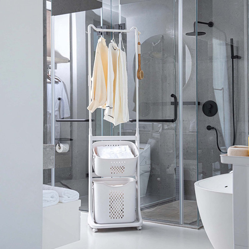 Trieur à linge à 2 niveaux avec barre de suspension et roulettes amovibles pour une organisation efficace dans les petits espaces, les dortoirs, les placards et les salles de bain