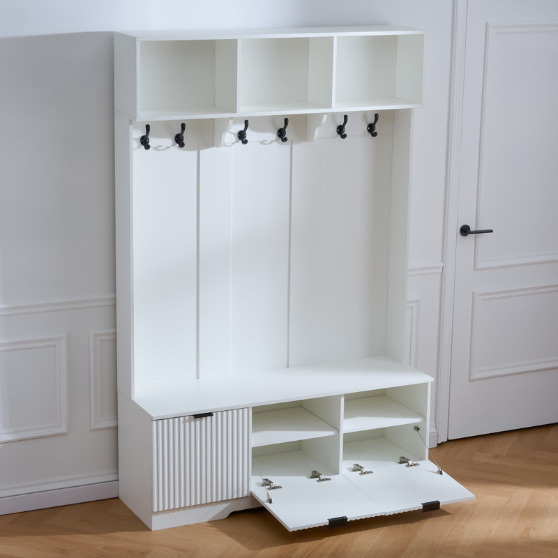 Arbre d'entrée de 49,6 po de largeur avec banc, rangement pour chaussures, armoire et 6 crochets à manteau - Organisateur de vestibule peu encombrant