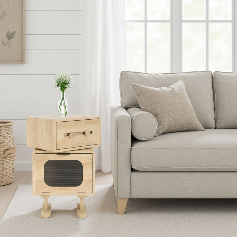 Robot Rotatable Side Table - Whimsical Storage Table with Swivel Top (Natural Wood-Tone MDF)