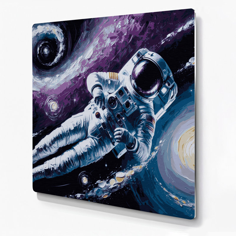 Astronaute de l'espace flottant dans l'espace gris, art mural en métal, H 144 po x l 144 po x P 0,05 po