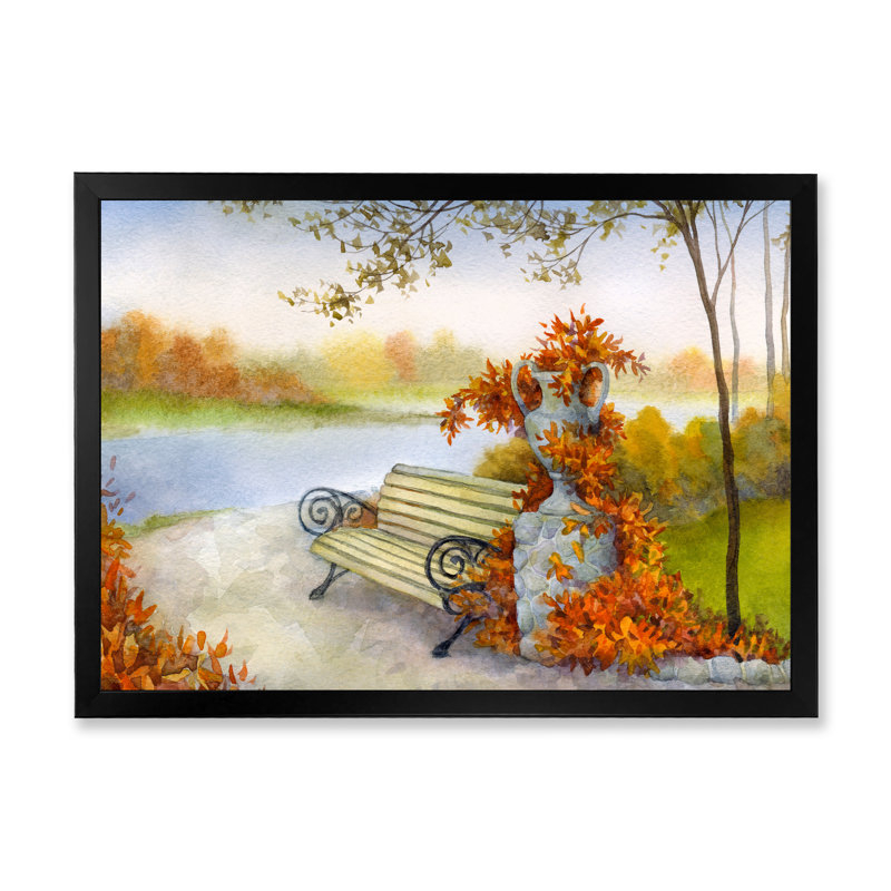 Floral Bench in Autun Park - reproduction de photo sur toile, Toile avec cadre noir, H 8 po x l 12 po x P 1 po