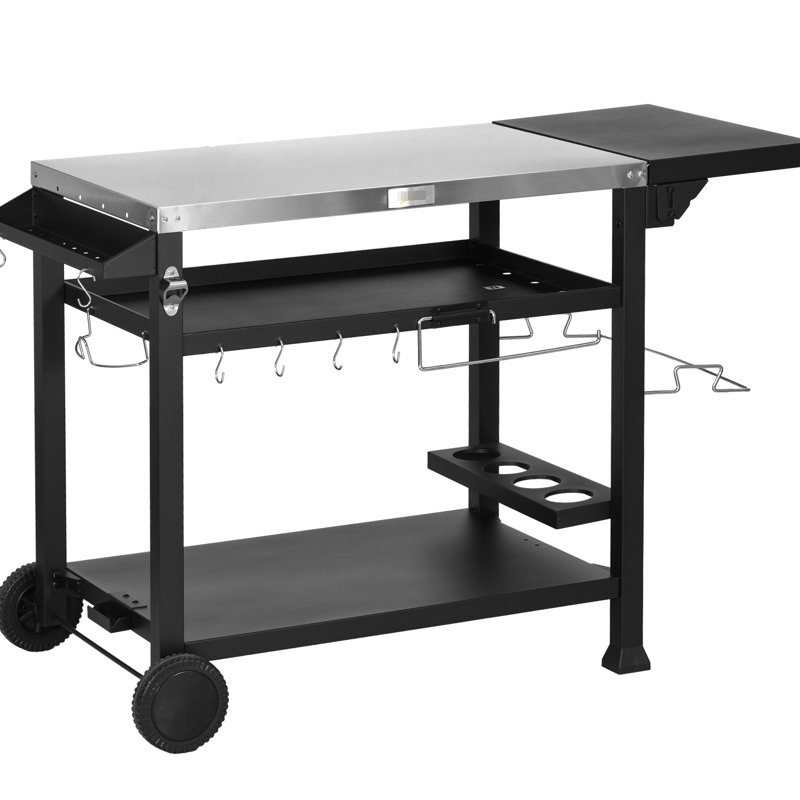 Chariot à desserts d'extérieur mobile, 117 x 55 cm, acier inoxydable, table d'appoint pliable, bar portatif noir