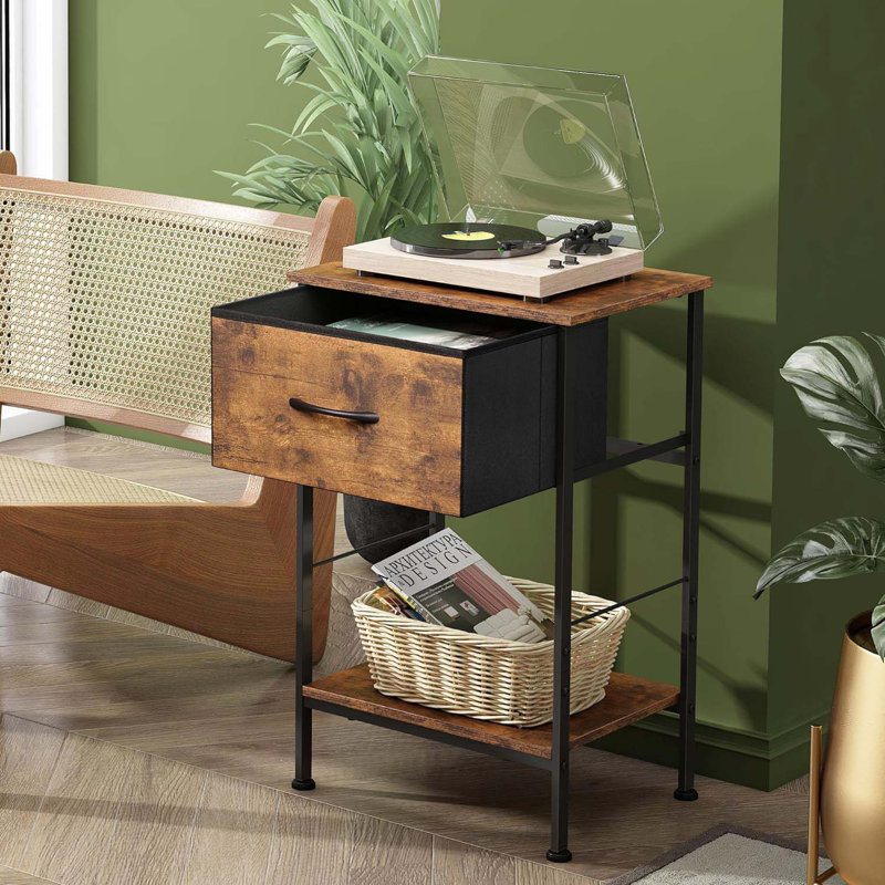Nightstand, Bedside Side Table For Bedroom, Dorm With Steel Frame, Night Stand End Table With Fabric Storage Drawer, Easy Assembly, Rustic Brown Wood Grain Print, 11.73''D 15.67''W 25.03" H