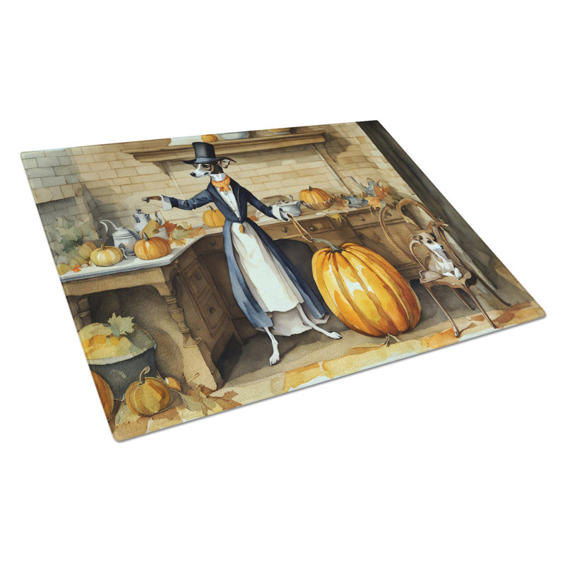 Italian Greyhound Fall Kitchen Pumpkins Glass Cutting Board Large