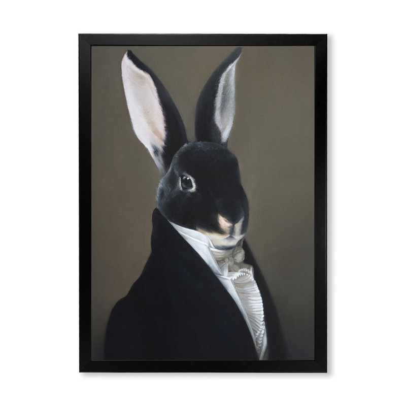 Portrait d'un lapin habillé - Peinture sur toile, H 44 po x l 34 po x P 1,5 po, Cadre noir