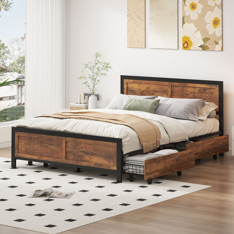 Platform Bed Frame With 2 Large Storage Drawers, Rustic Wood And Metal, Noise-Free, Easy Assembly, No Box Spring Needed, Brown