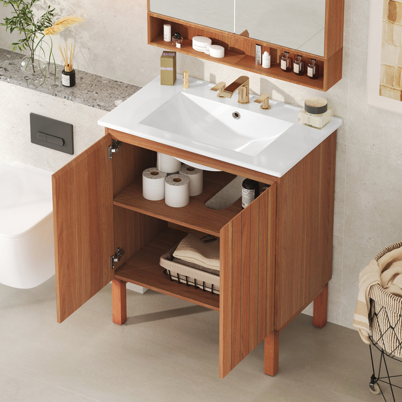 Meuble-lavabo de salle de bain avec lavabo en céramique et portes sans poignée à 45 °