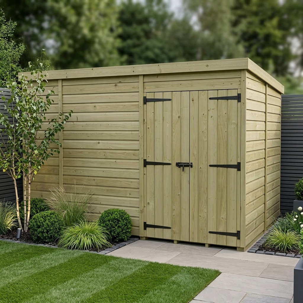 Total Sheds 10ft x 7ft Pent Garden Shed - Double Door - No Windows - Pressure Treated Timber - UK Manufactured