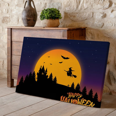 Toile, une scène d'Halloween effrayante avec un grand art mural orange brillant sur fond de lune contre un ciel dégradé foncé