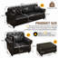 Canapé Chesterfield noir rembourré en similicuir, style Mid-Century moderne avec garniture cloutée, accoudoirs roulés, capitonnage à boutons et 4 coussins-1231586259