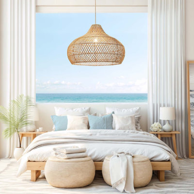 Kloe Rattan Pendant Light - Natural Dome 1-Light Polished Handwoven Dimmable Light Fixture For Kitchen Island, Kitchen, Dining Room, Living Room, Bedroom or Hallway in Modern, Farmhouse & Boho Style